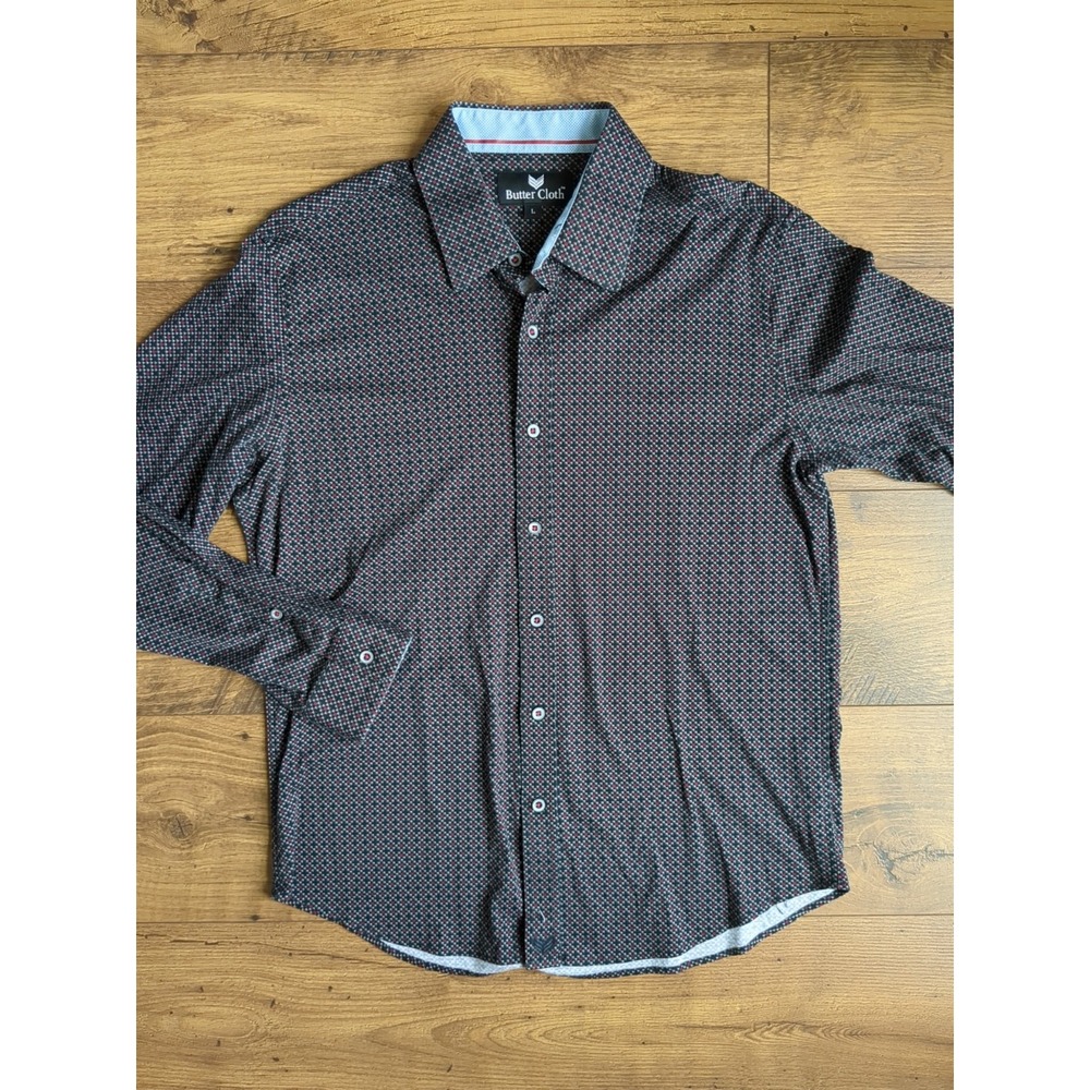 Butter Cloth Shirt Mens Size L Gray Button Geometric Long Sleeve Stretch‎ Shirt